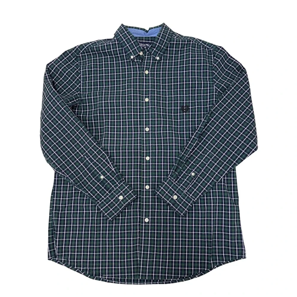 Chaps Mens Large Green Navy Blue Plaid Easy Care Button Down Shirt Long Sleeve